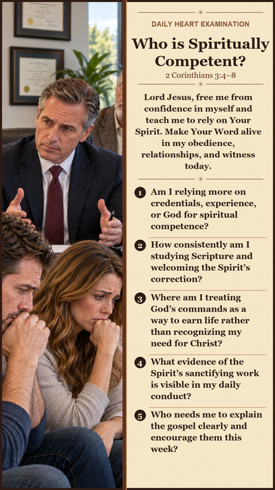 Daily Heart Examination card for Who is Spiritually Competent? — five reflection questions from 2 Corinthians 3:4–8